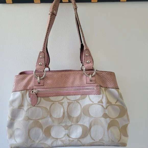 COACH Penelope Sateen Shopper Purse - Pink and Cream - Picture 3 of 8